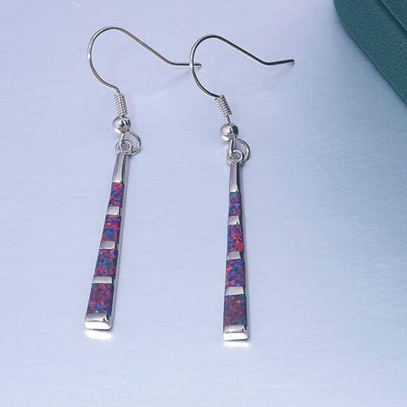 14K White Gold with Genuine Black Fire Opal Dangling Hook Tapered Bar Earrings - Picture 2 of 5